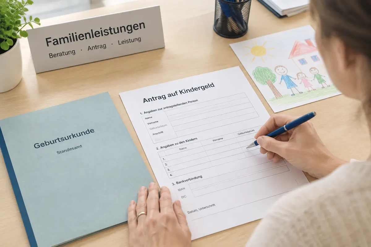 Antrag auf Kindergeld auf einem Schreibtisch, daneben Geburtsurkunde und Kinderzeichnung