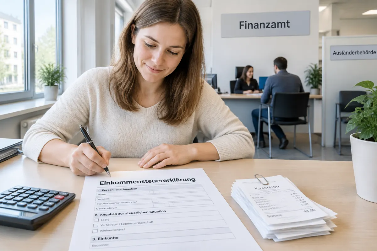 Steuererklärung, Taschenrechner und Belege auf einem Schreibtisch im Finanzamt