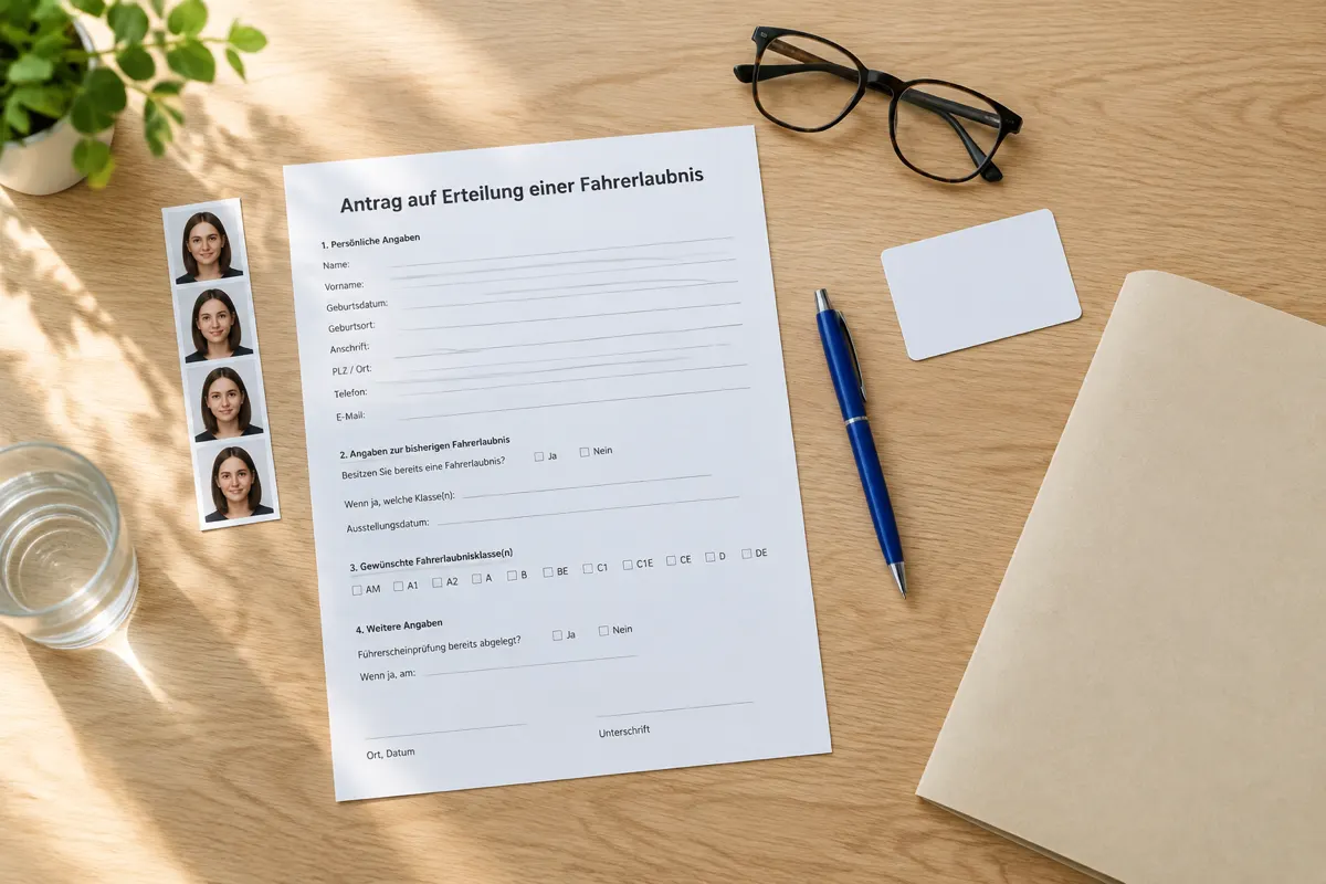 Antrag auf Erteilung einer Fahrerlaubnis mit Passbildern, Brille und Stift auf einem Schreibtisch