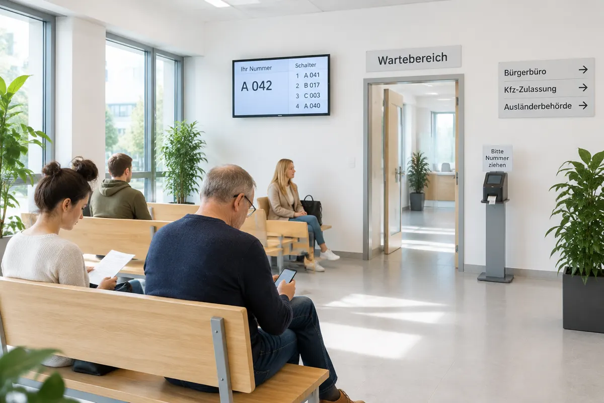Wartebereich eines Landratsamts mit Aufrufanzeige und Ticketautomat