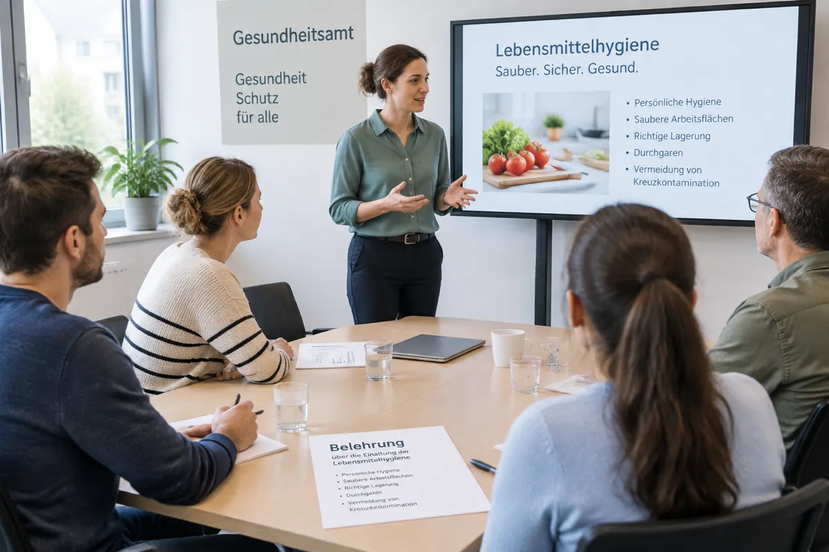Belehrung zur Lebensmittelhygiene im Gesundheitsamt, mehrere Teilnehmende am Tisch