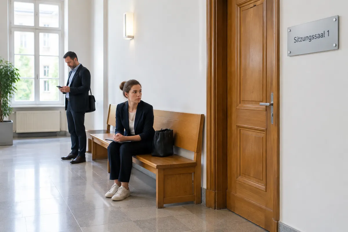 Flur vor einem Sitzungssaal des Landgerichts mit Wartebank