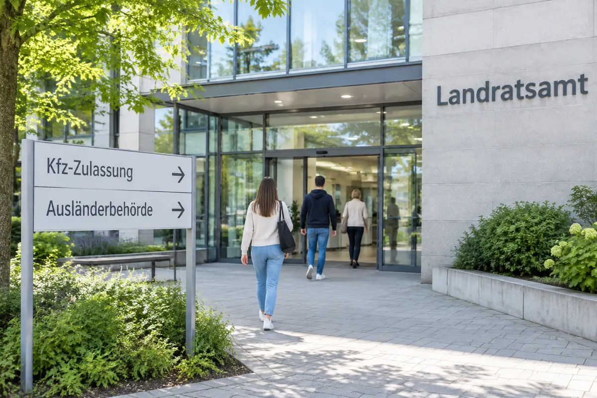 Eingang eines Landratsamts mit Wegweiser zu Kfz-Zulassung und Ausländerbehörde