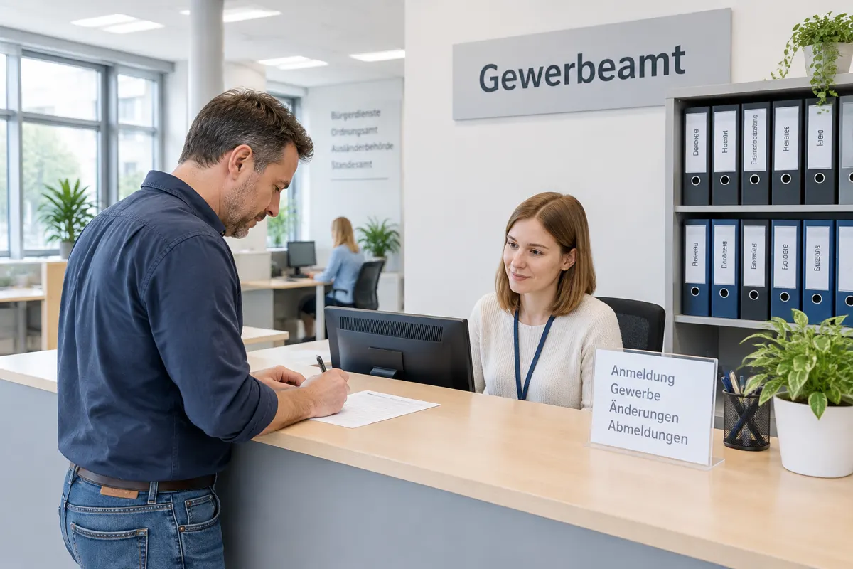 Bürger füllt am Schalter des Gewerbeamts ein Formular aus