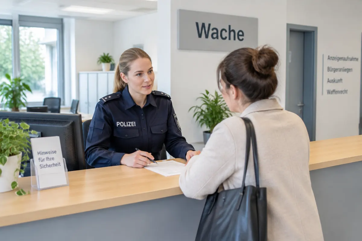 Polizeibeamter nimmt am Tresen einer Wache eine Anzeige auf