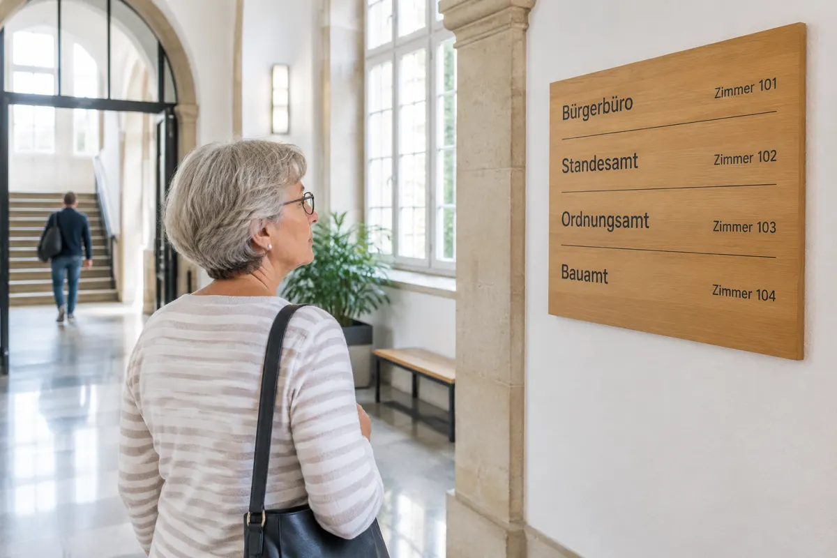 Wegweiser in der Eingangshalle eines Rathauses mit Bürgerbüro, Standesamt, Ordnungsamt und Bauamt