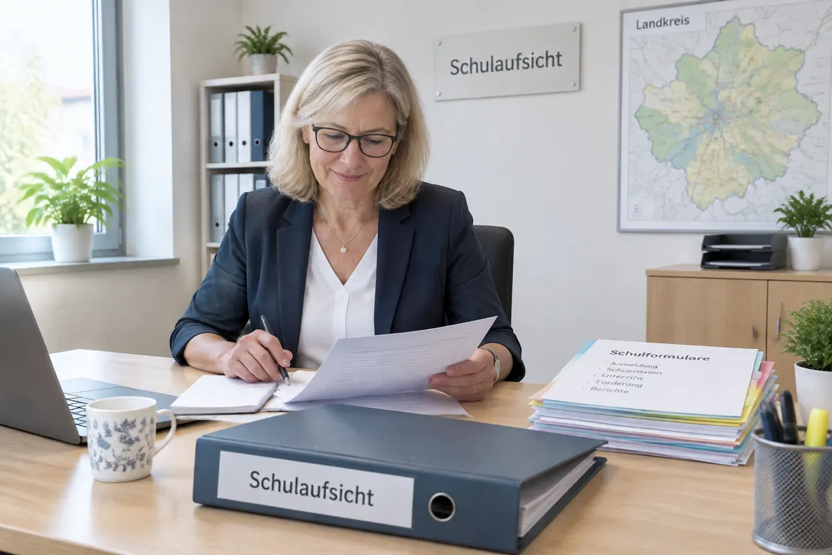 Mitarbeiterin des Schulamts an einem Schreibtisch mit Schulunterlagen und Wandkarte