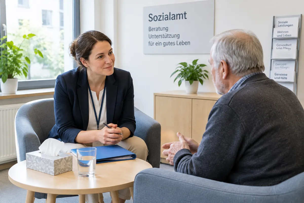Beratungsecke im Sozialamt mit zwei Sesseln und einem kleinen Tisch
