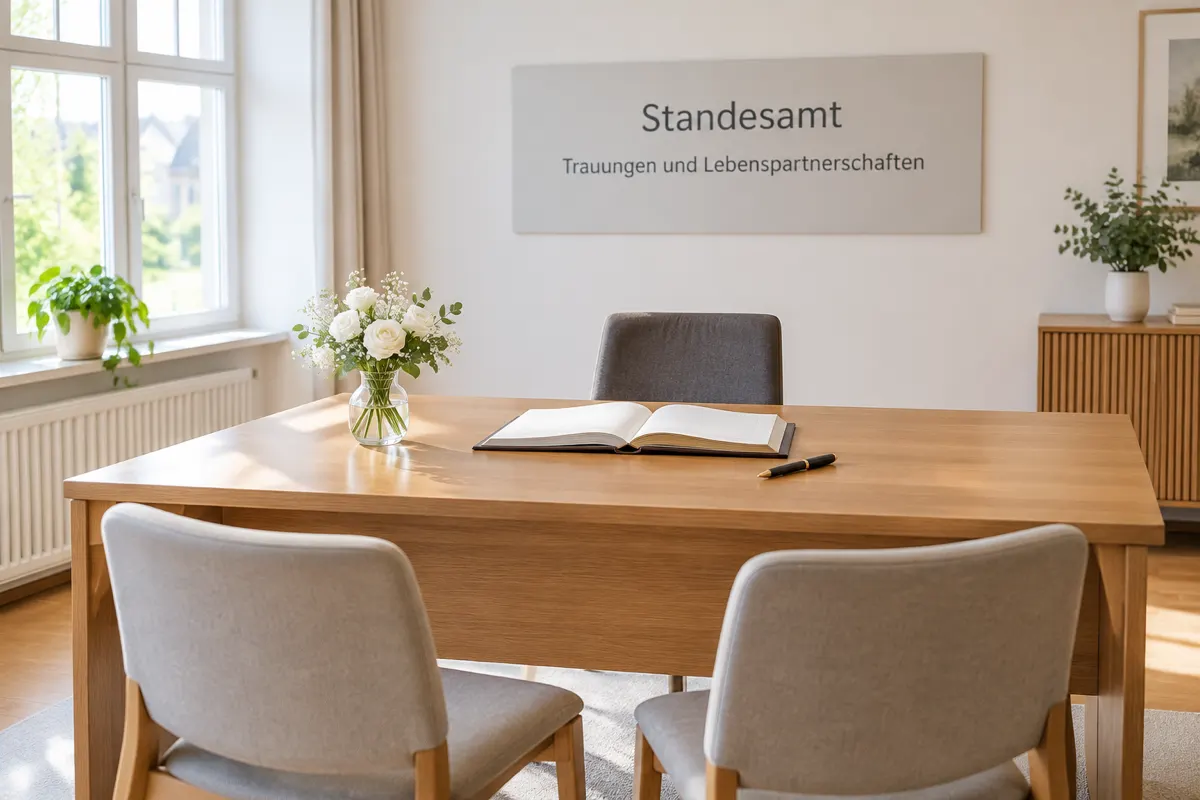 Standesamtlicher Trauraum mit aufgeschlagenem Registerbuch auf dem Tisch